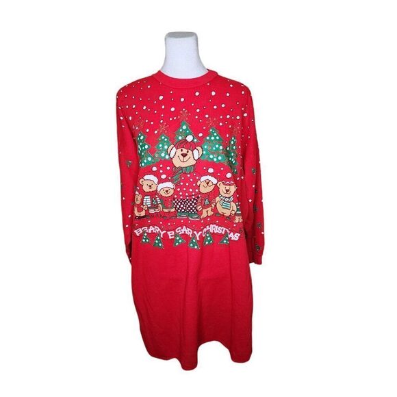 Vintage 80s Long Sleeve Christmas Teddy Bear Sleep Shirt Nightgown Womens M Red - Picture 1 of 7